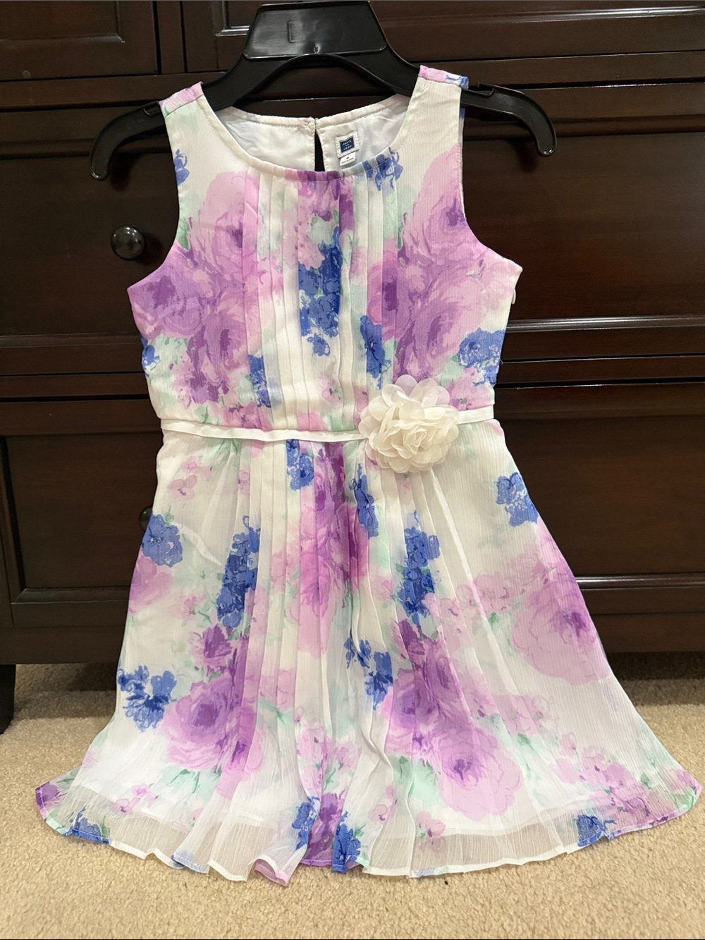Janie and Jack White Floral Pleated Dress with Purple and Blue Blooms